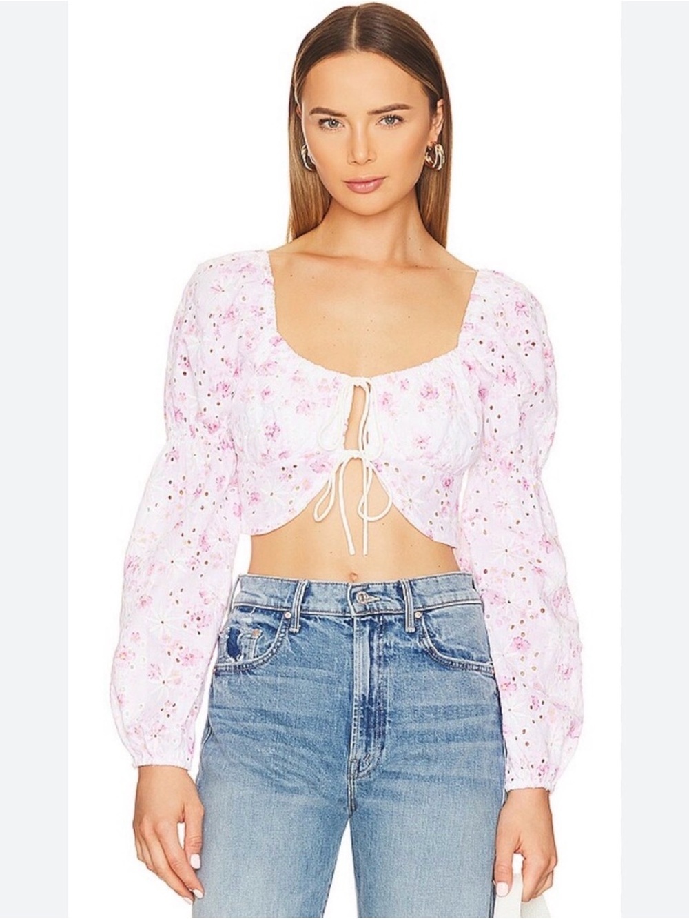 Astr Floral Eyelet Lace-Up Crop Top in Pink & White